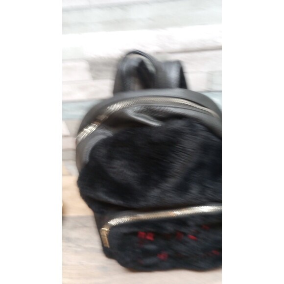 Betsey Johnson Faux Fur Black Backpack Large Logo Vegan Leather 12x11 - Picture 3 of 11
